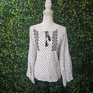 White Peasant Blouse with Black Embroidery and Tassel Tie